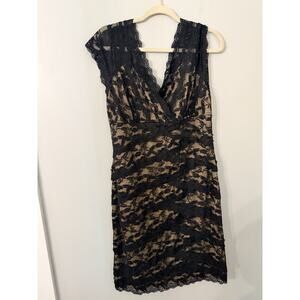 Marina Tiered Lace Dress Sz 12 Black Stretch Lined Slimming Cocktail Party